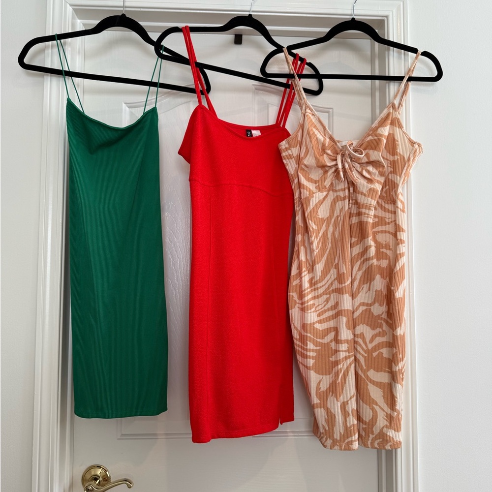 3 H&M Dresses Women's Dress Collection - Green, Red, and Tan NWT